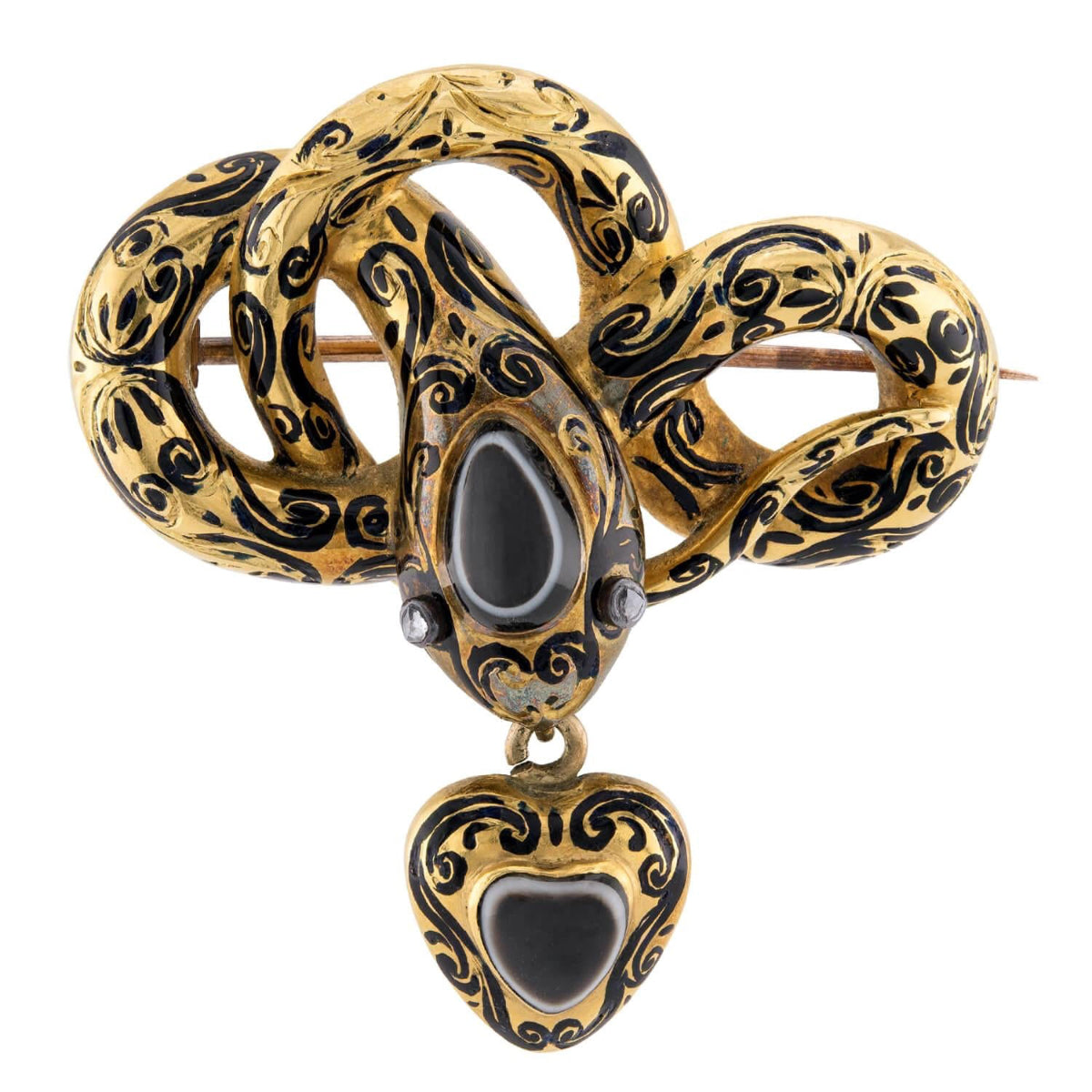 Victorian English 15k Banded Agate, Diamond, & Enamel Snake & Heart-Motif Pin