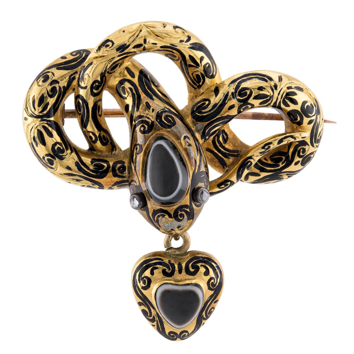 Victorian English 15k Banded Agate, Diamond, & Enamel Snake & Heart-Motif Pin