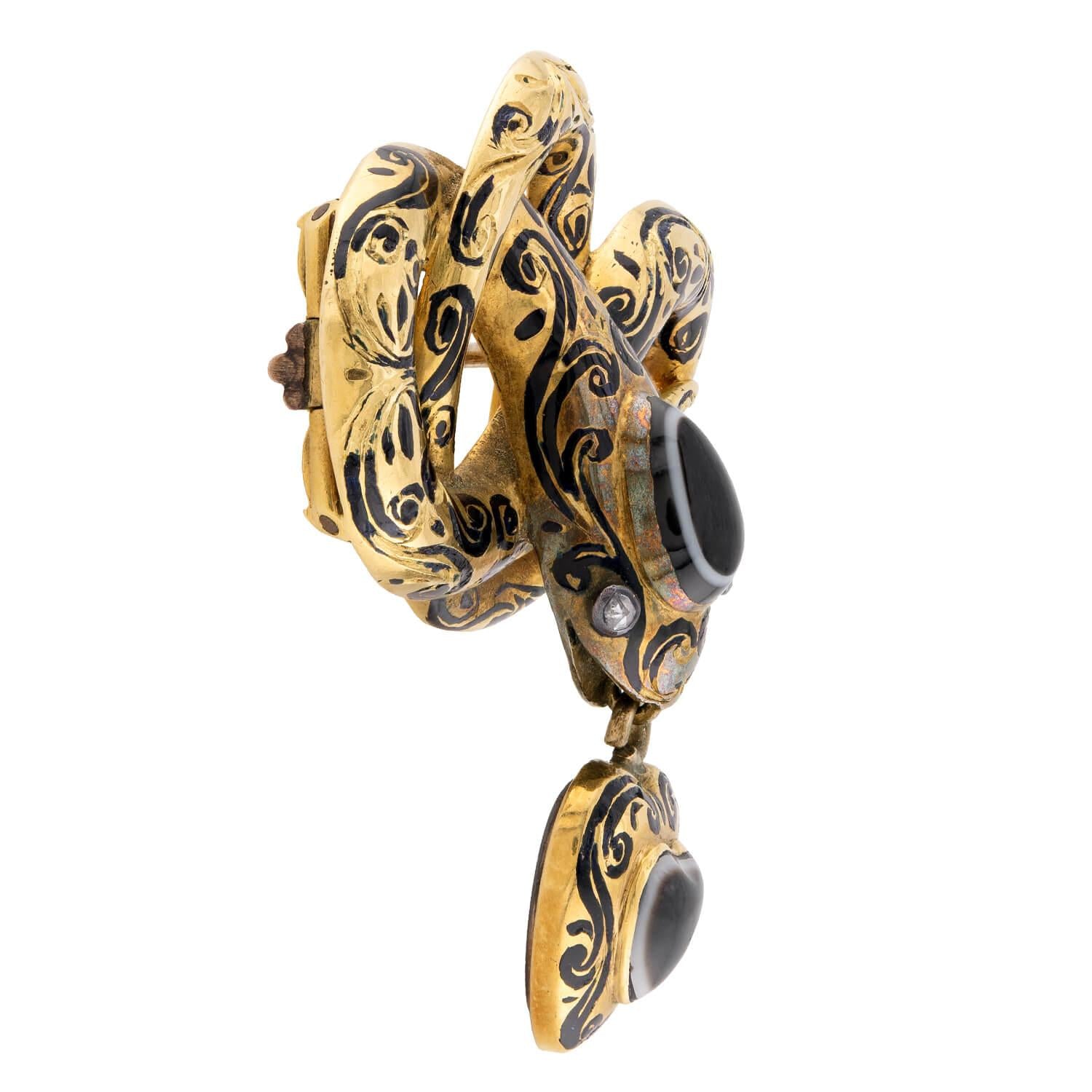Victorian English 15k Banded Agate, Diamond, & Enamel Snake & Heart-Motif Pin