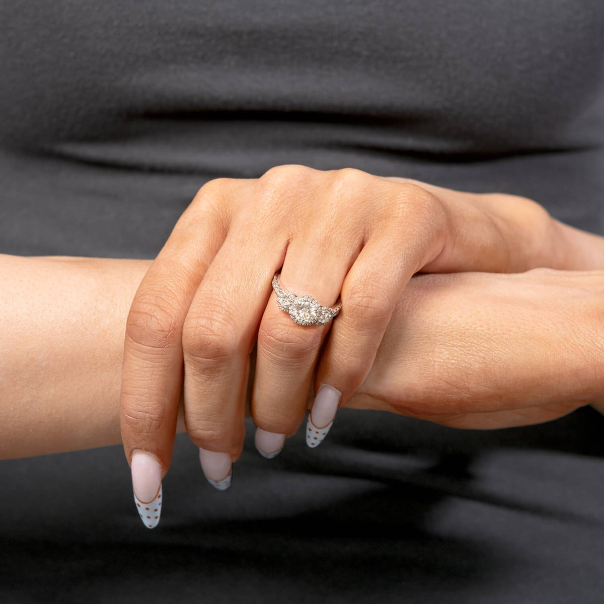 Estate 18k Three Stone Diamond Halo Ring