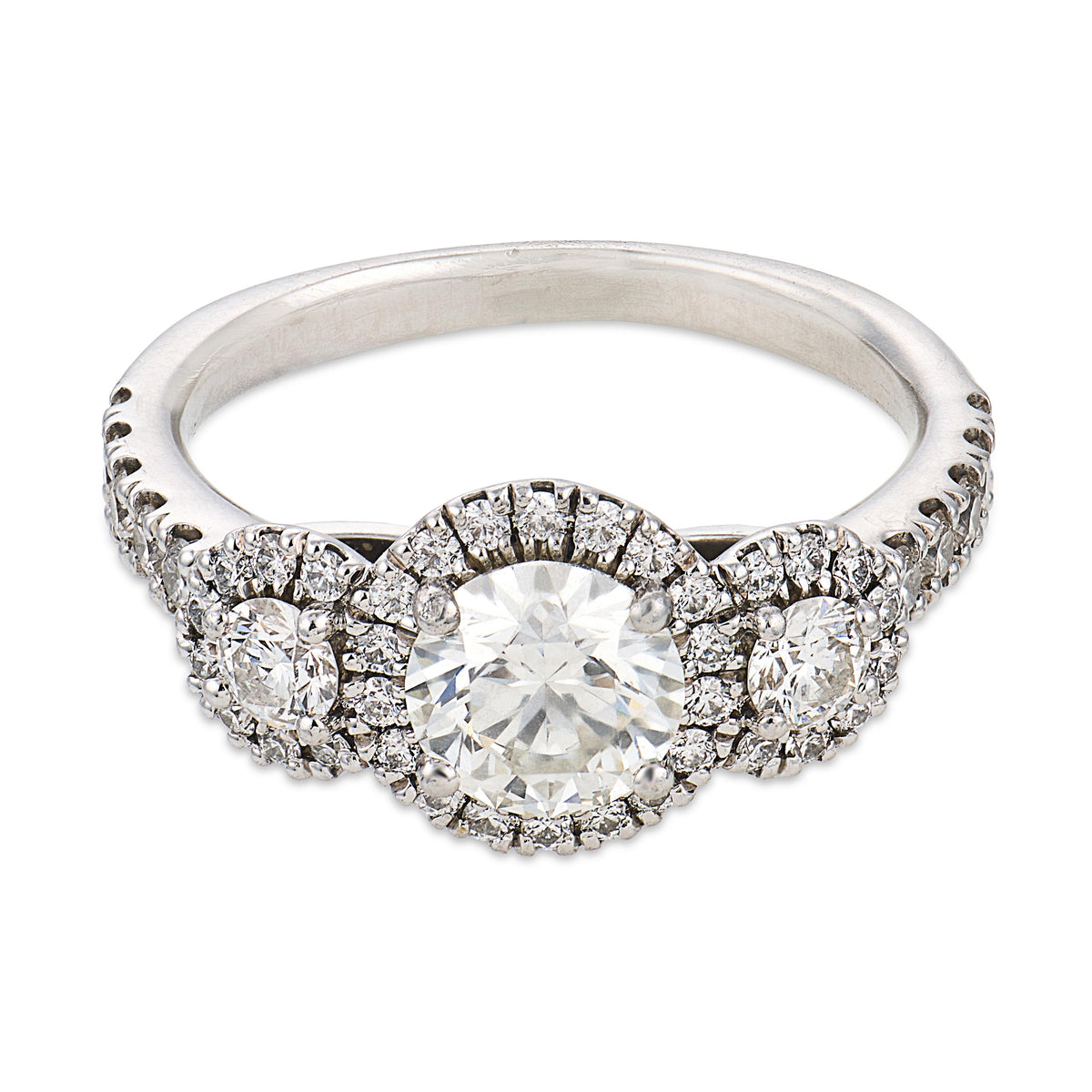 Estate 18k Three Stone Diamond Halo Ring