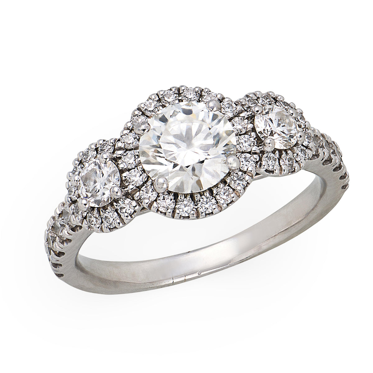 Estate 18k Three Stone Diamond Halo Ring