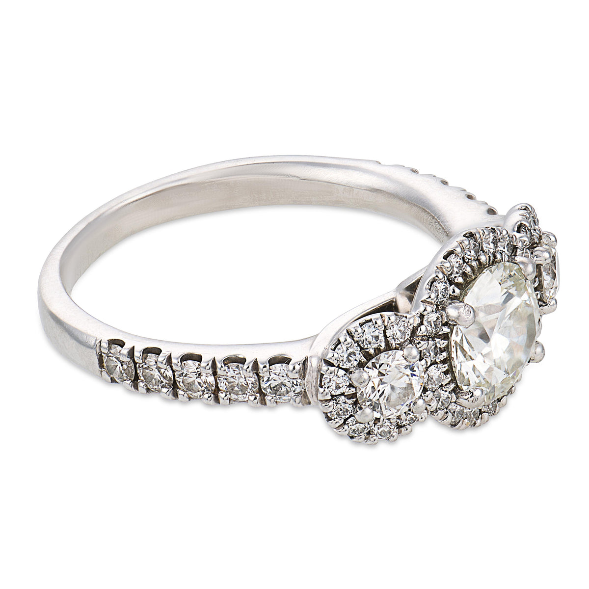 Estate 18k Three Stone Diamond Halo Ring
