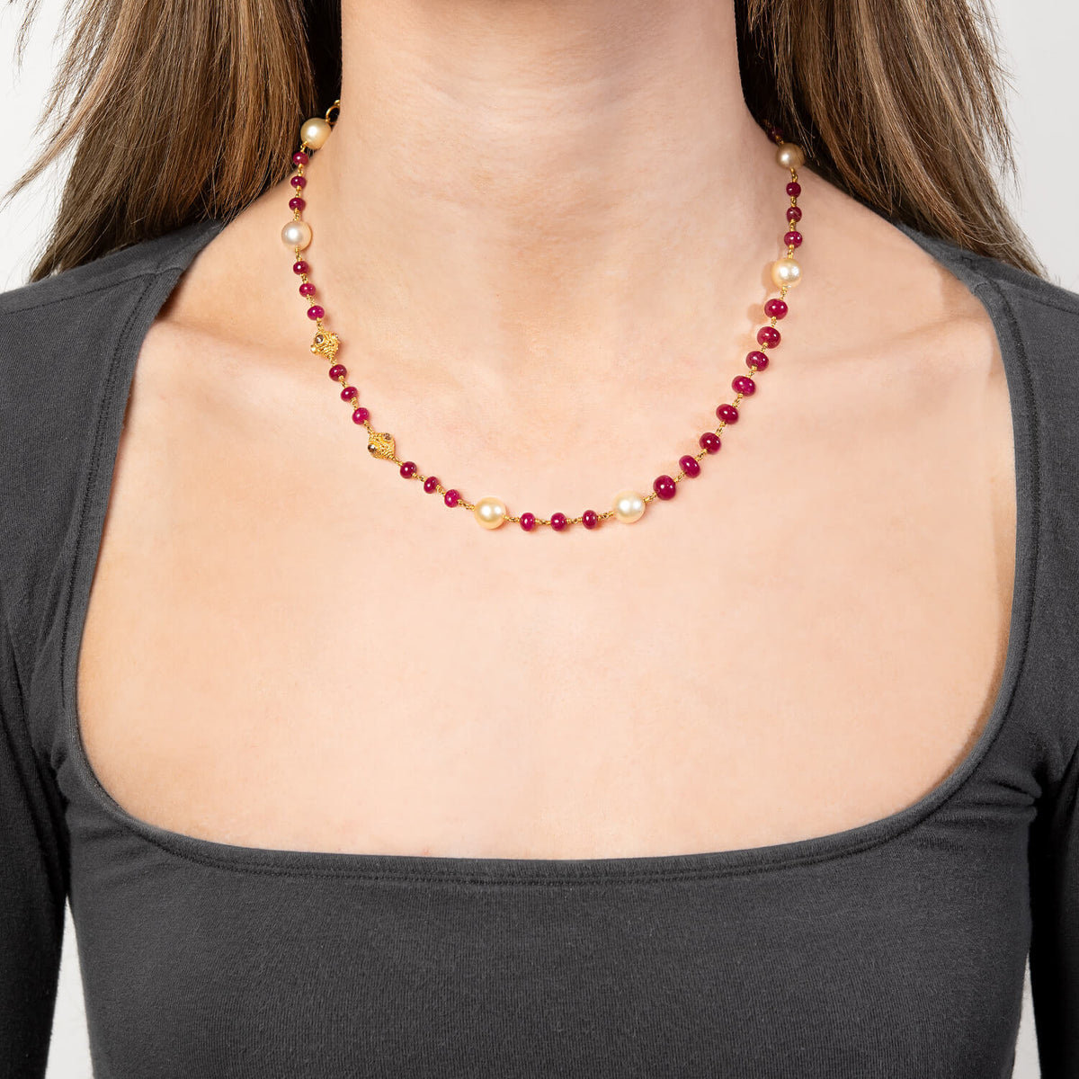 Estate 22k Ruby, Pearl, & Diamond Bead Necklace
