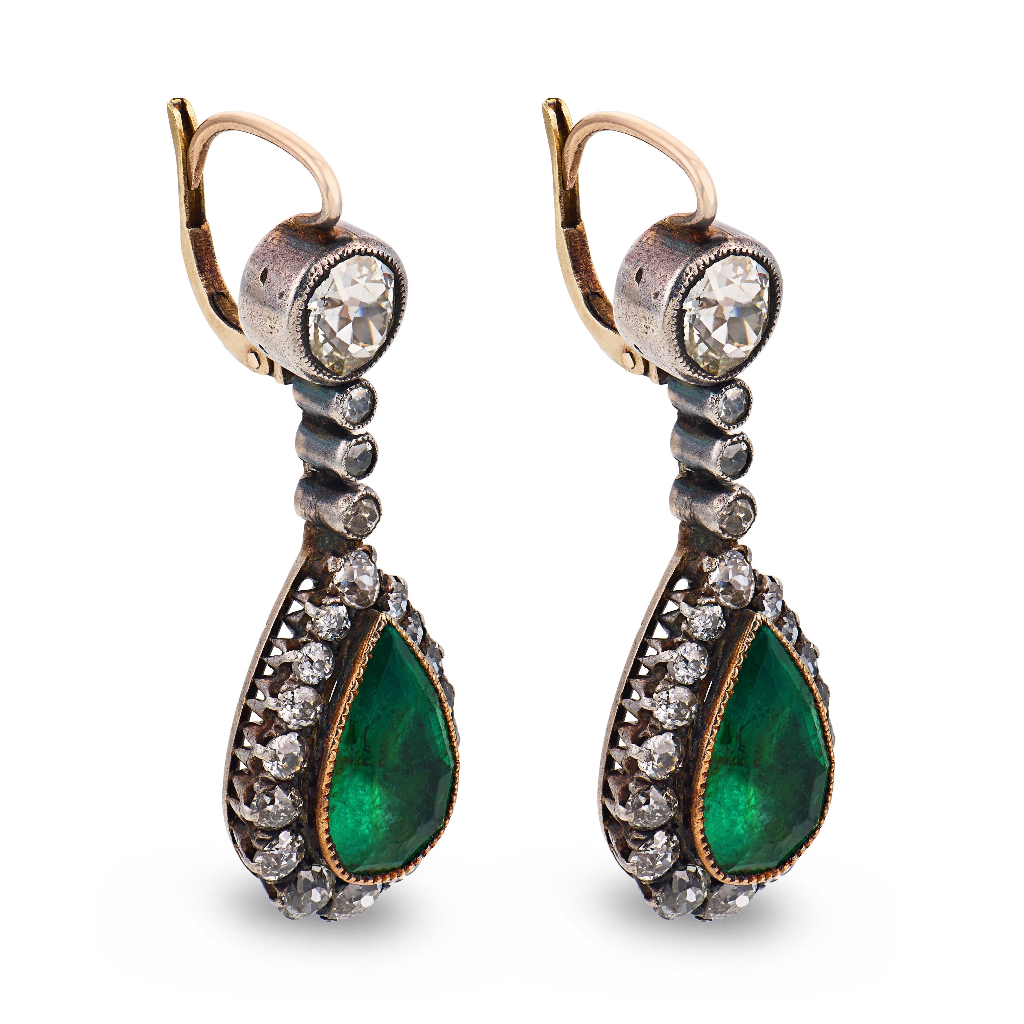 Georgian 14k/Sterling Silver Emerald & Diamond Drop Earrings