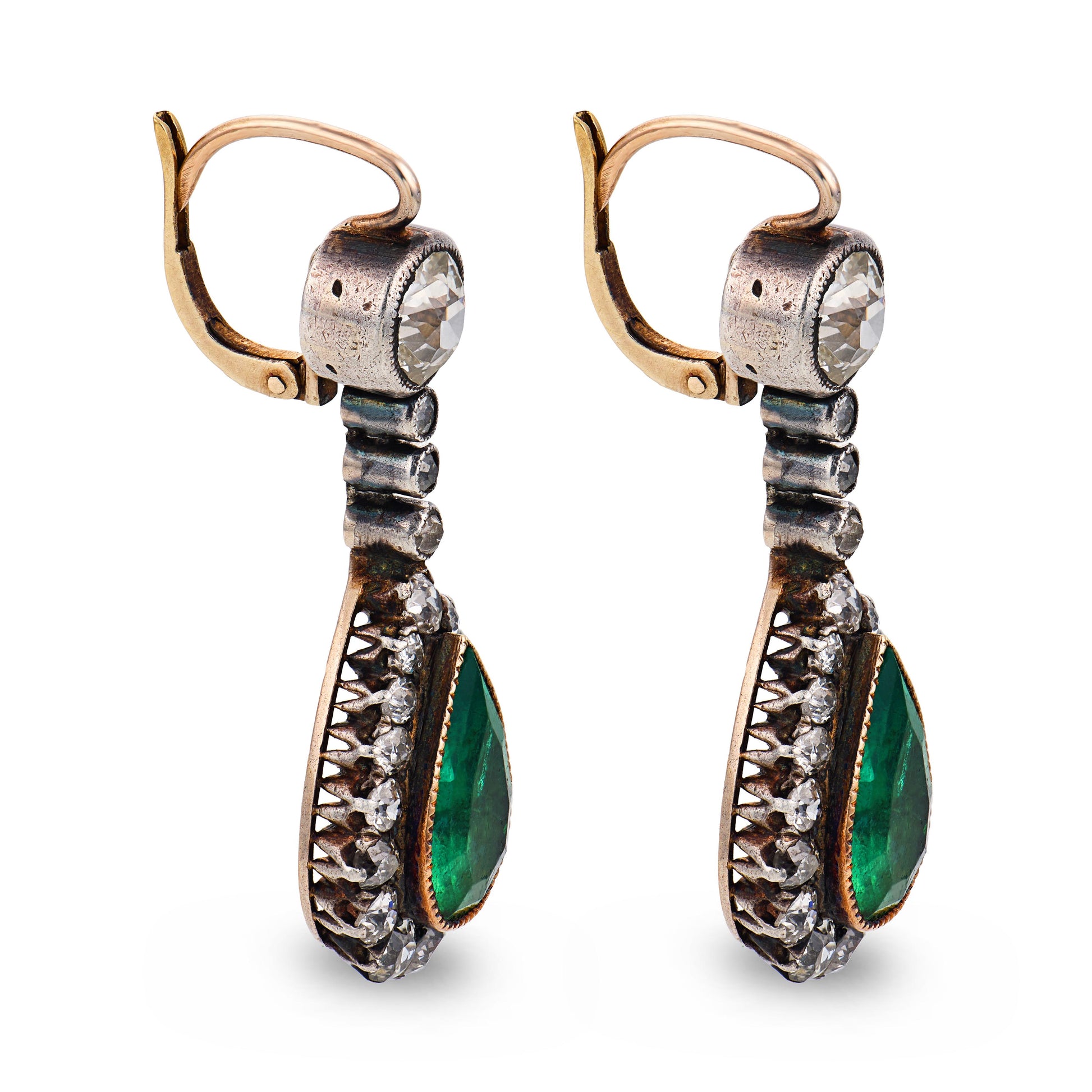 Georgian 14k/Sterling Silver Emerald & Diamond Drop Earrings