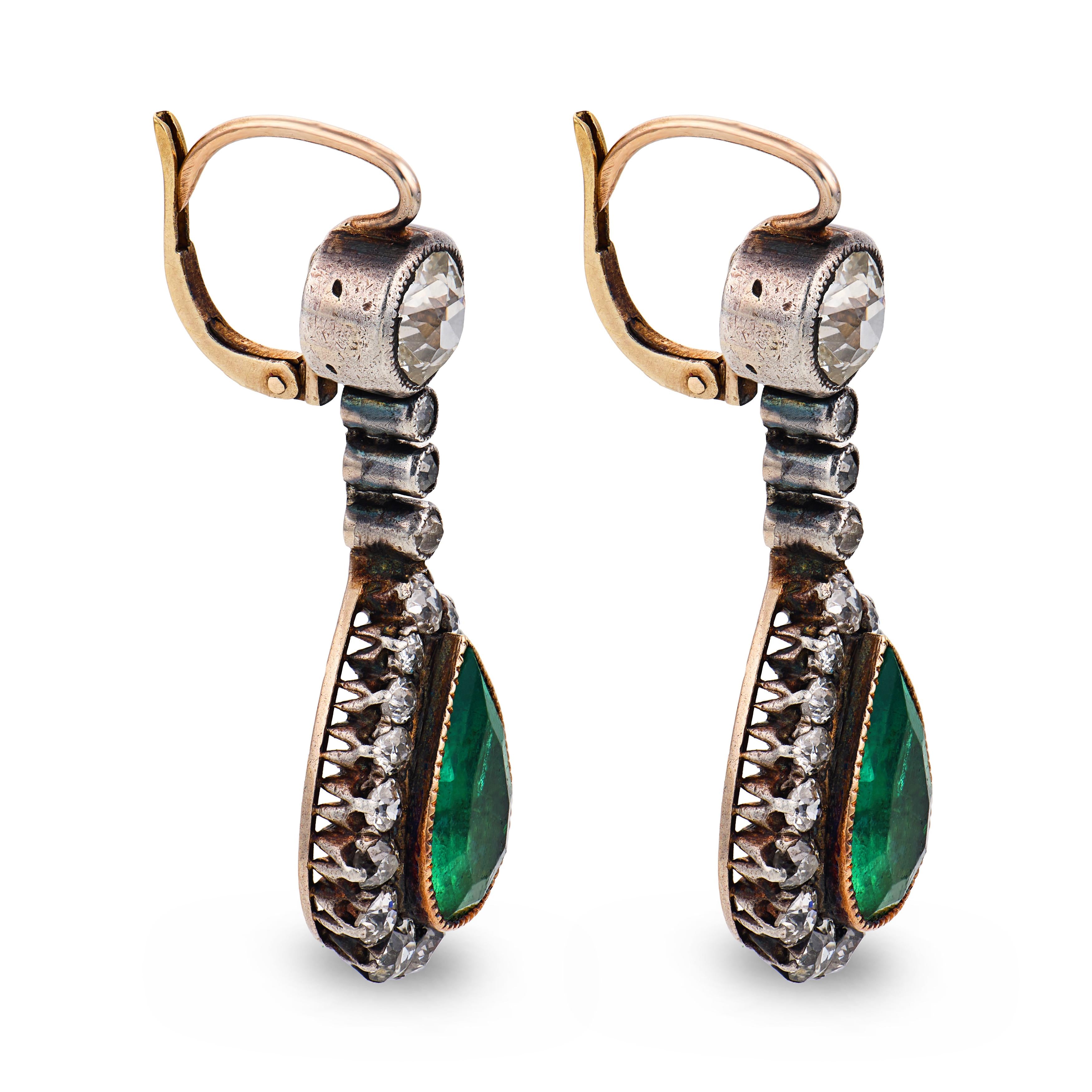 Georgian 14k/Sterling Silver Emerald & Diamond Drop Earrings
