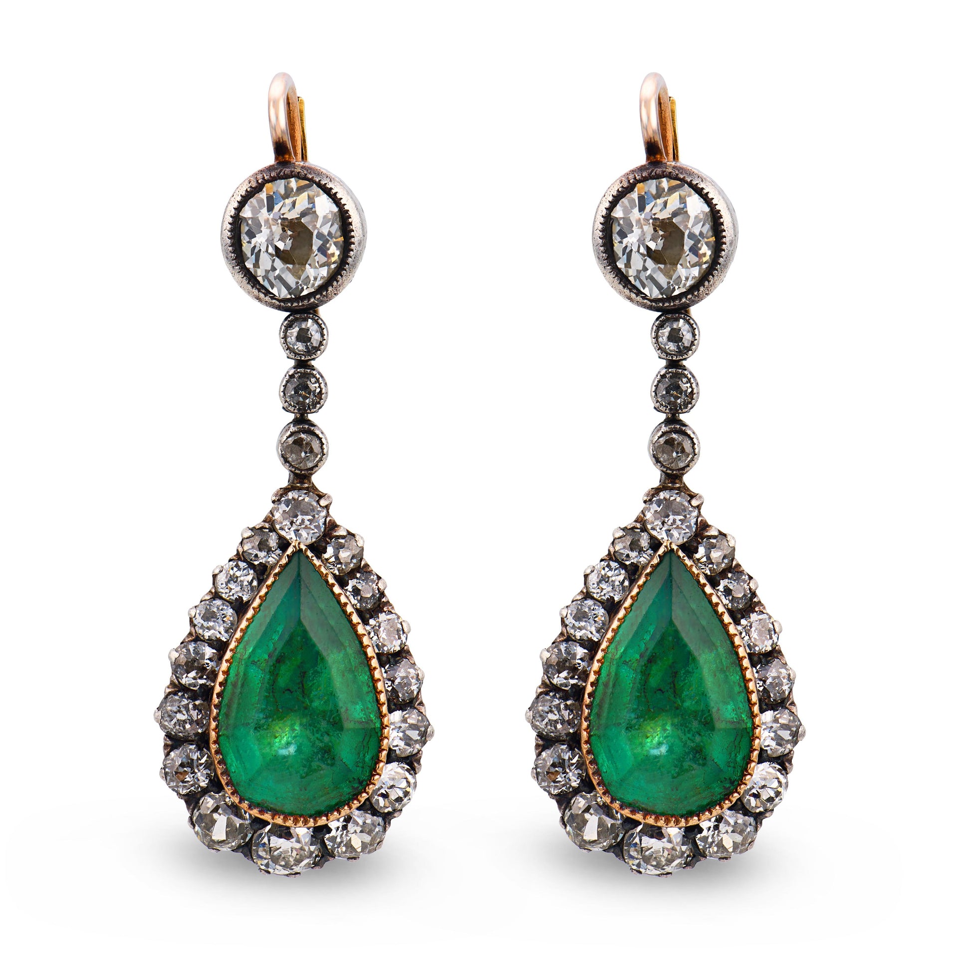Georgian 14k/Sterling Silver Emerald & Diamond Drop Earrings
