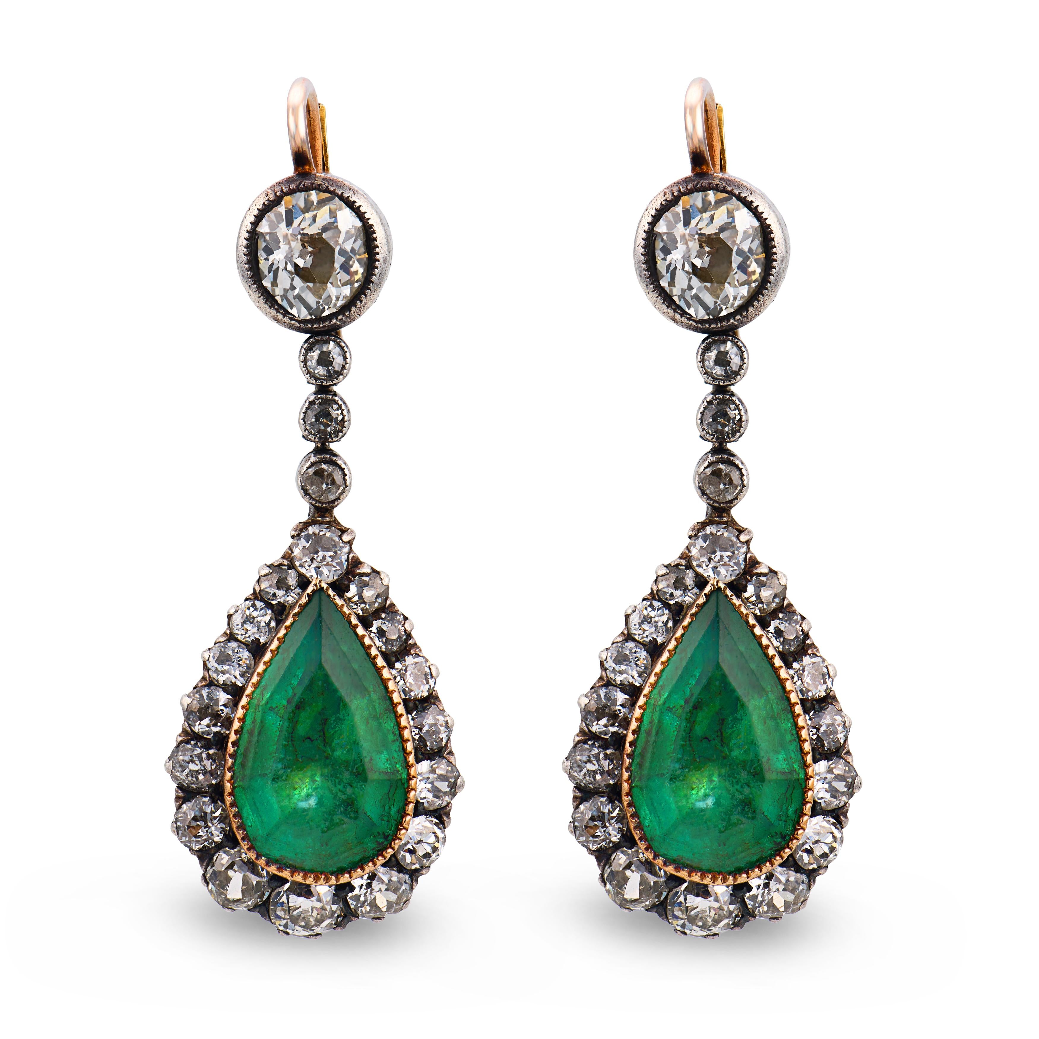 Georgian 14k/Sterling Silver Emerald & Diamond Drop Earrings