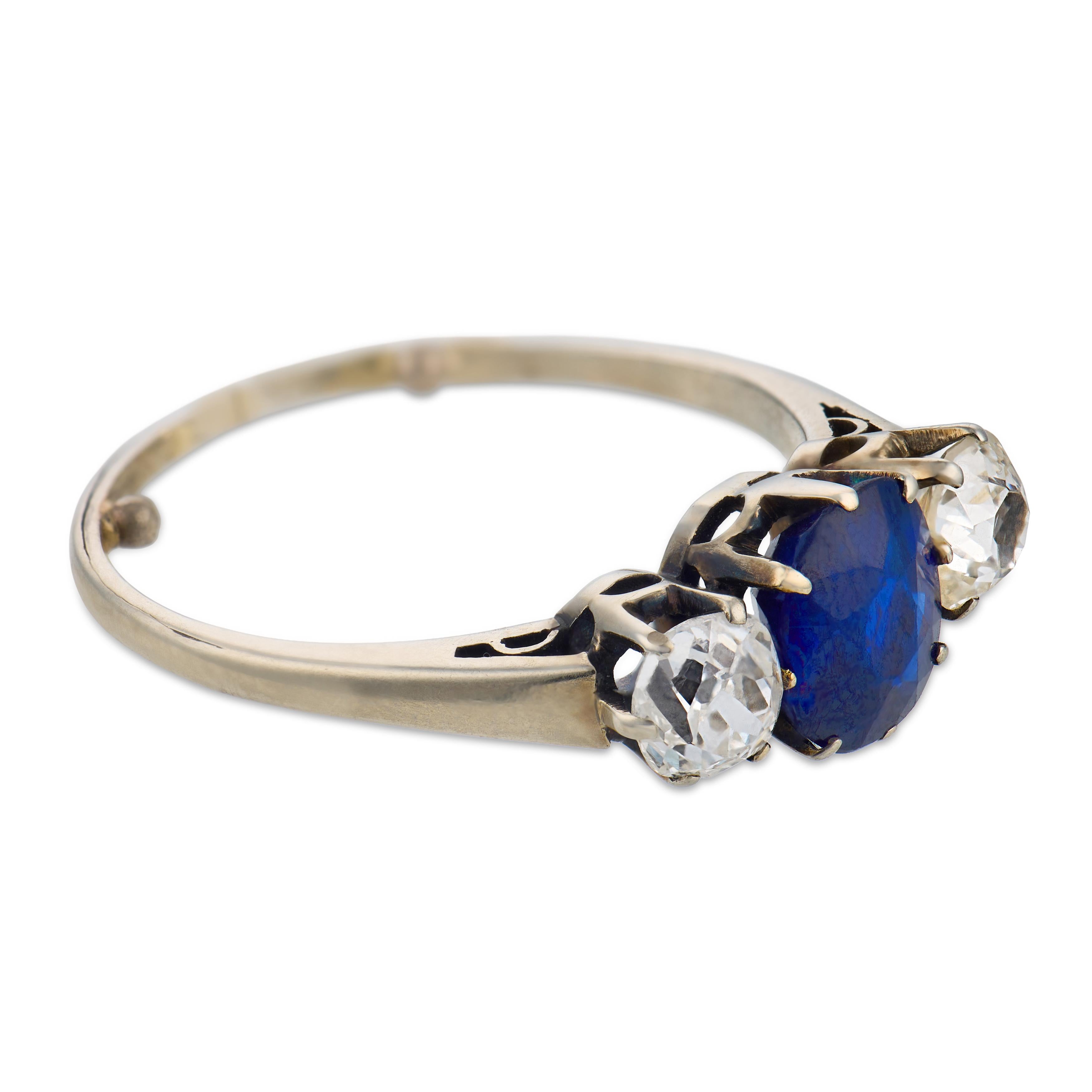 Art Deco 18k Sapphire & Diamond Three Stone Ring