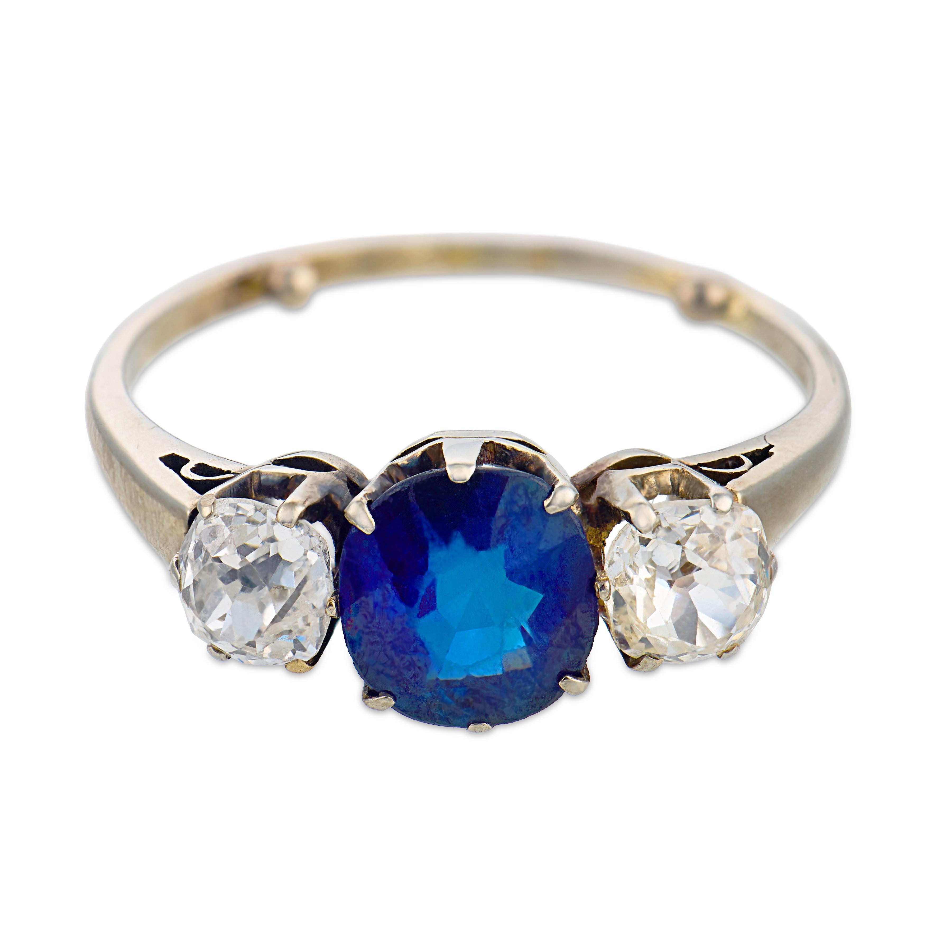 Art Deco 18k Sapphire & Diamond Three Stone Ring
