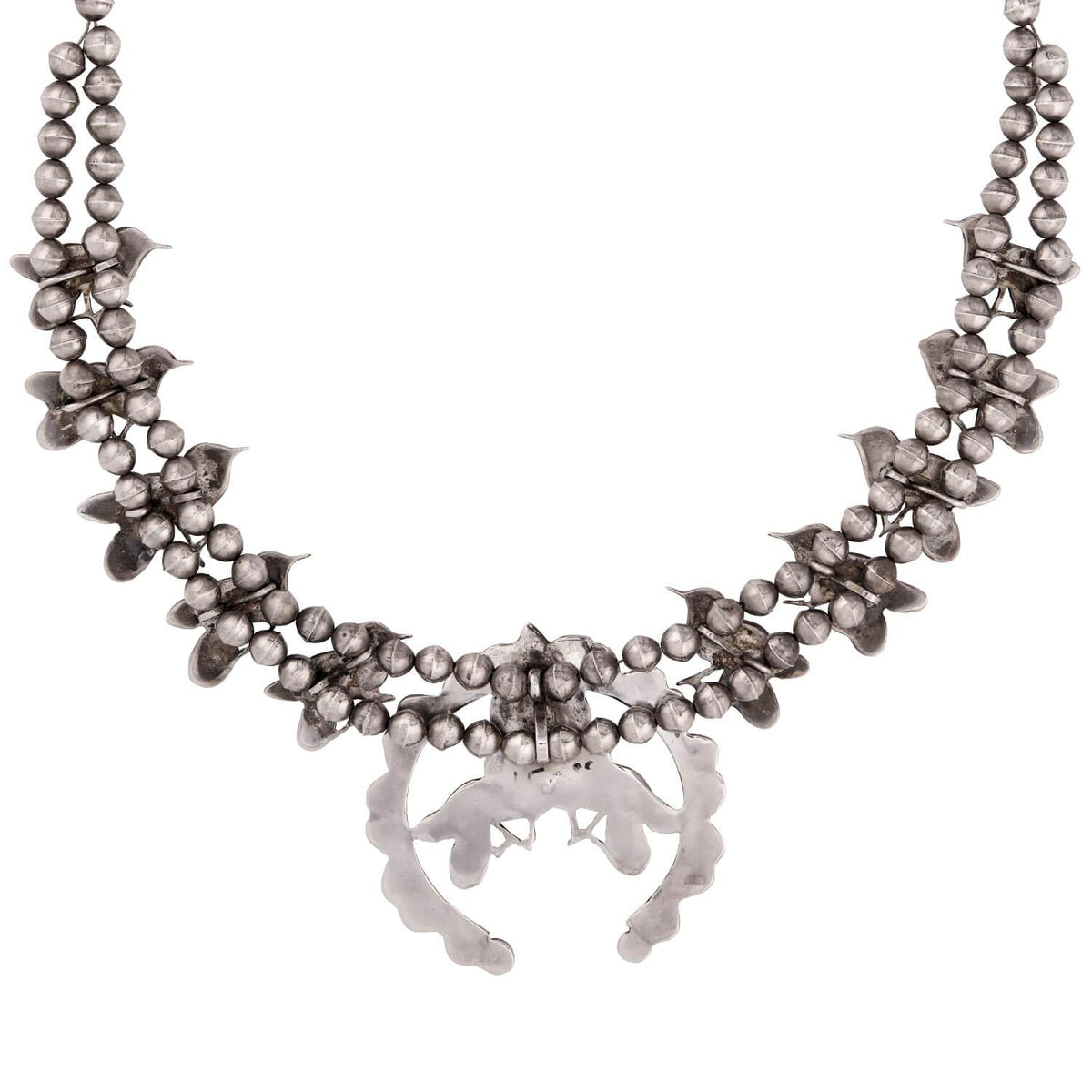 Vintage Silver Turquoise, Onyx, Carnelian, & Abalone Squash Blossom Necklace
