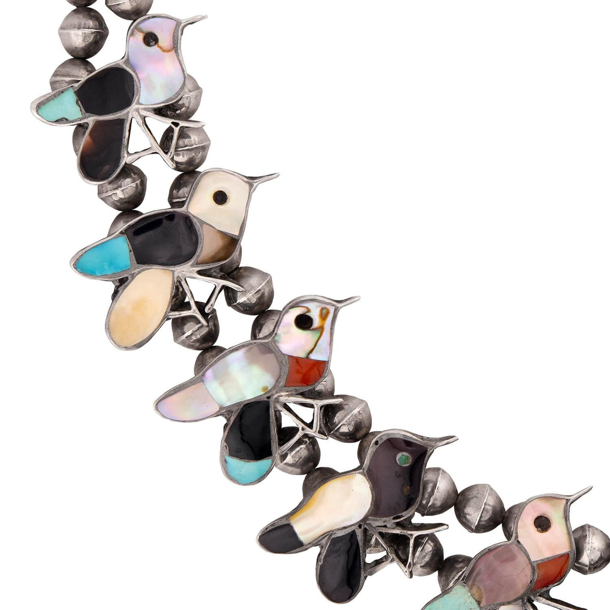 Vintage Silver Turquoise, Onyx, Carnelian, & Abalone Squash Blossom Necklace