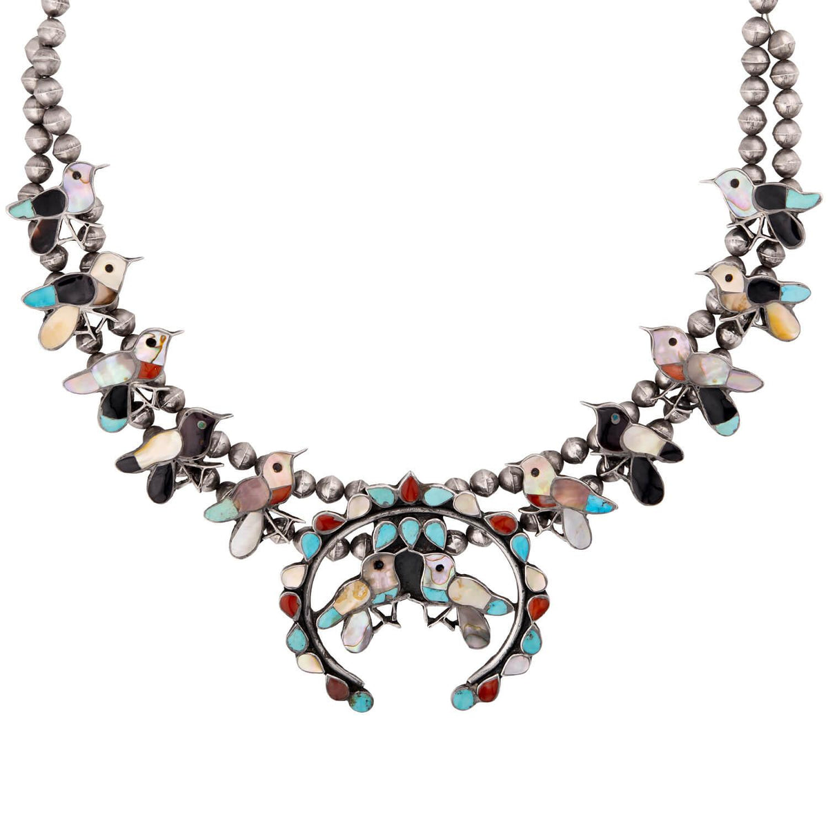 Vintage Silver Turquoise, Onyx, Carnelian, & Abalone Squash Blossom Necklace