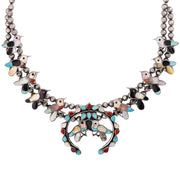 Vintage Silver Turquoise, Onyx, Carnelian, & Abalone Squash Blossom Necklace