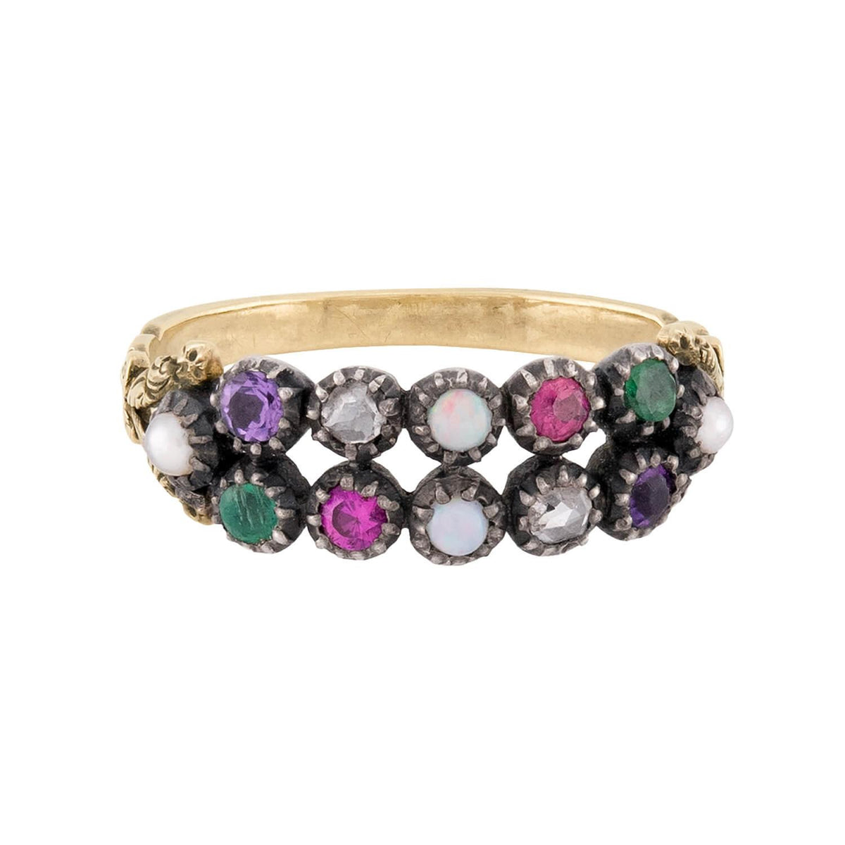 Victorian 15k Amethyst, Diamond, Opal, Ruby, & Emerald, & Pearl "ADORE" Ring