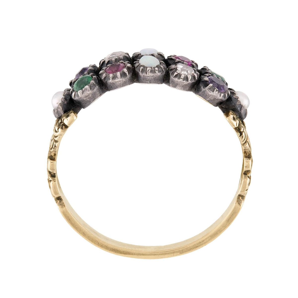 Victorian 15k Amethyst, Diamond, Opal, Ruby, & Emerald, & Pearl "ADORE" Ring