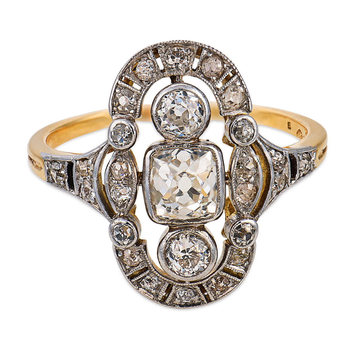 Edwardian French 18k/Platinum Diamond Navette Ring