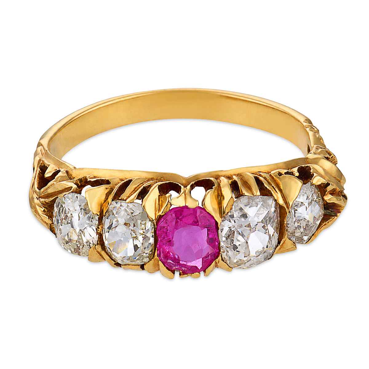 Victorian 18k Ruby & Diamond Five Stone Ring