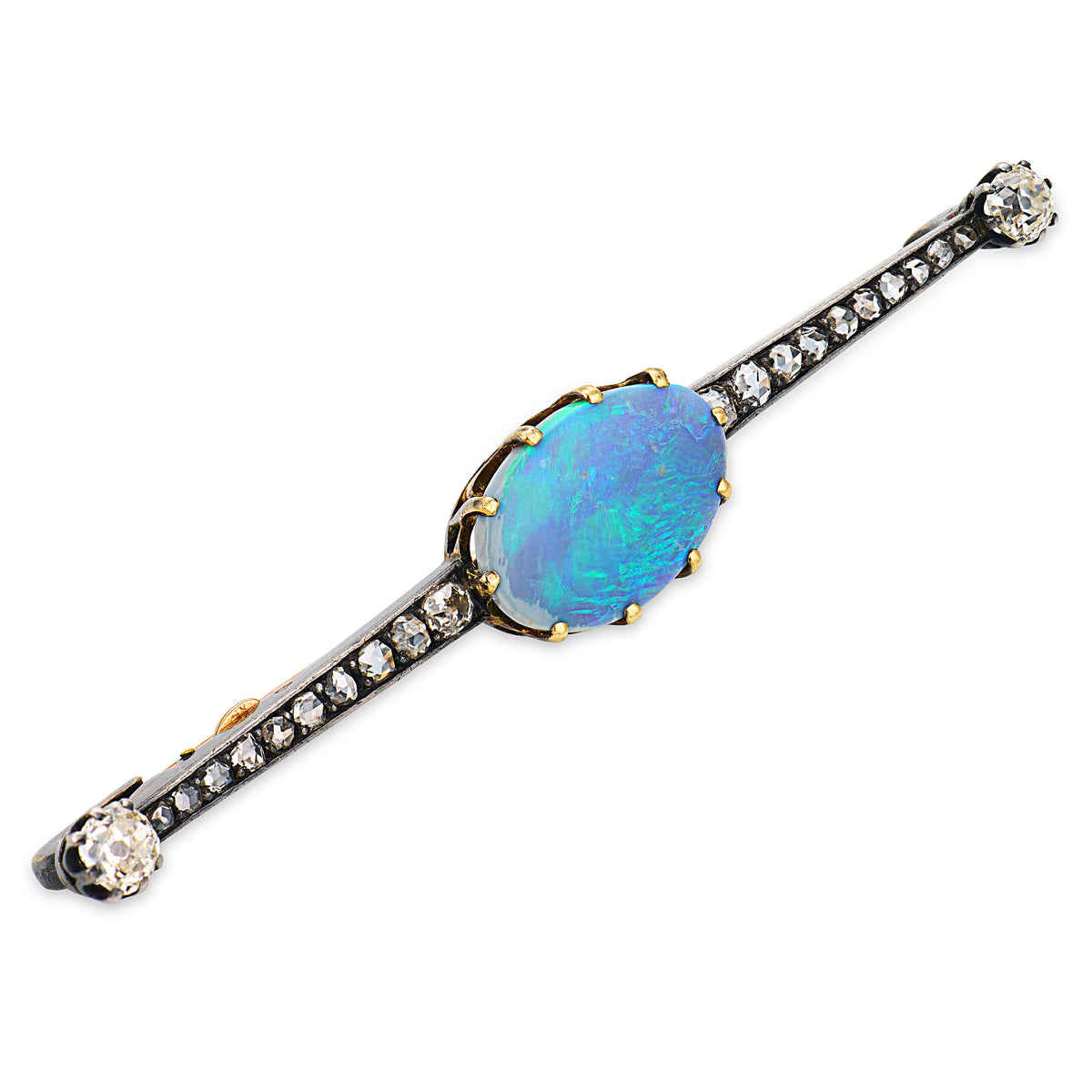 Victorian French 14k/Sterling Silver Opal & Diamond Bar Pin