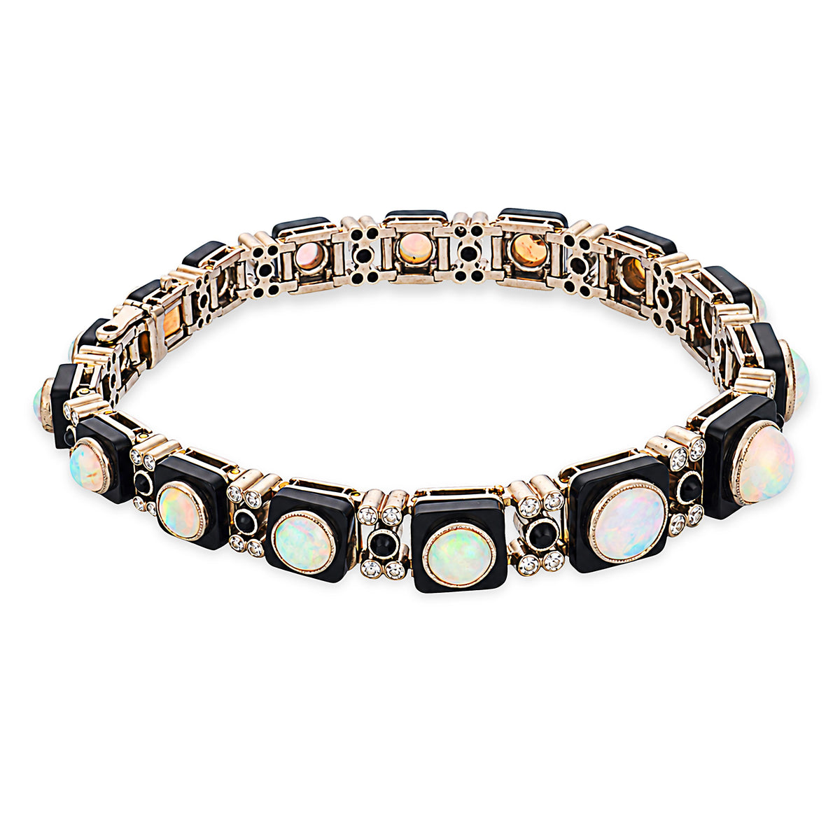 Edwardian French 18k/Platinum Opal, Onyx, & Diamond Line Bracelet