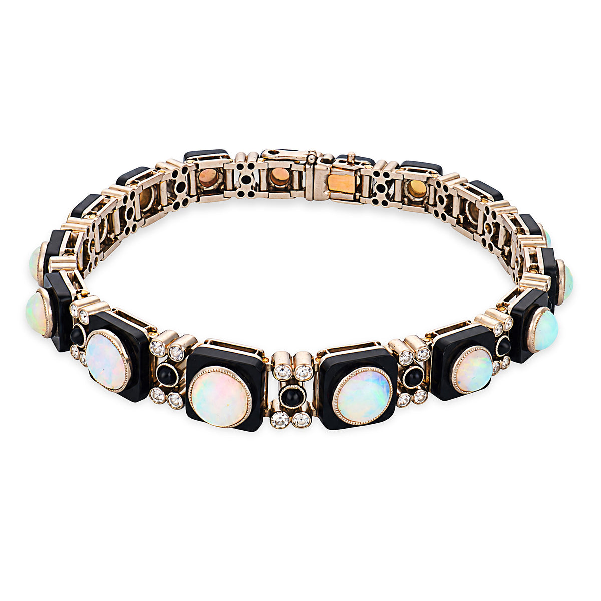 Edwardian French 18k/Platinum Opal, Onyx, & Diamond Line Bracelet