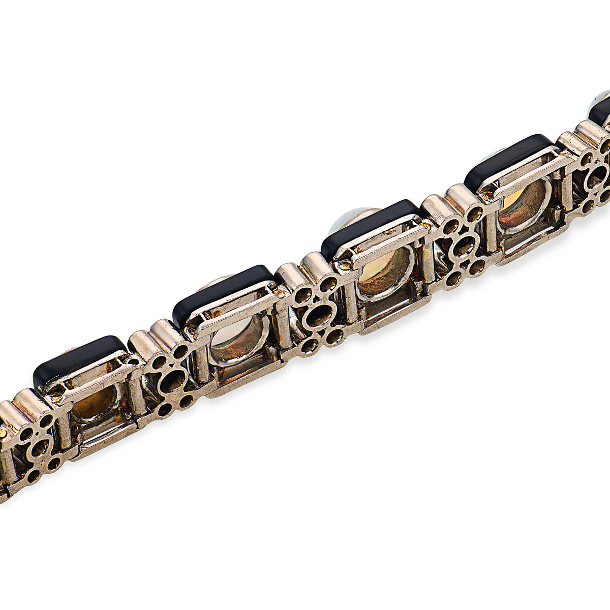 Edwardian French 18k/Platinum Opal, Onyx, & Diamond Line Bracelet