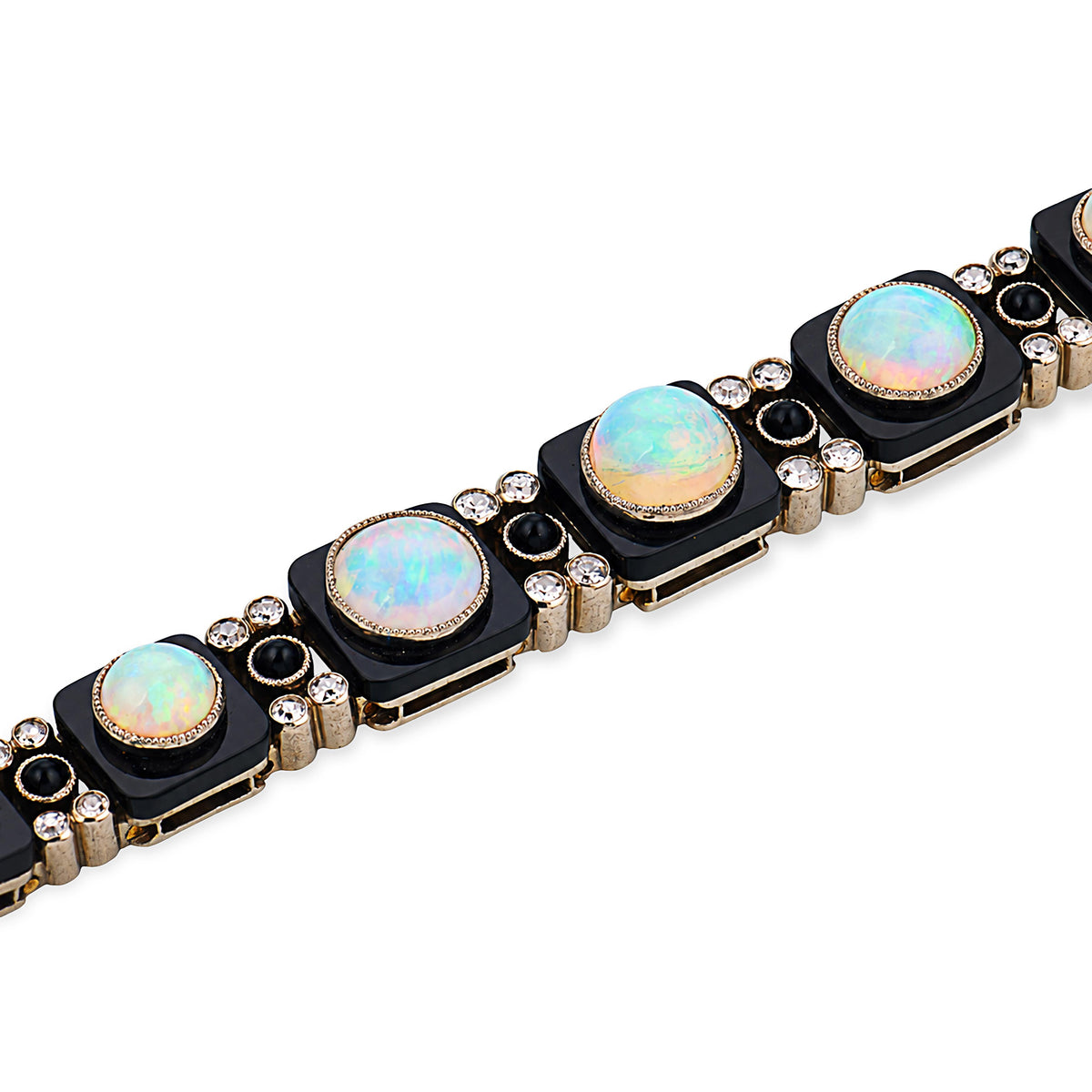 Edwardian French 18k/Platinum Opal, Onyx, & Diamond Line Bracelet