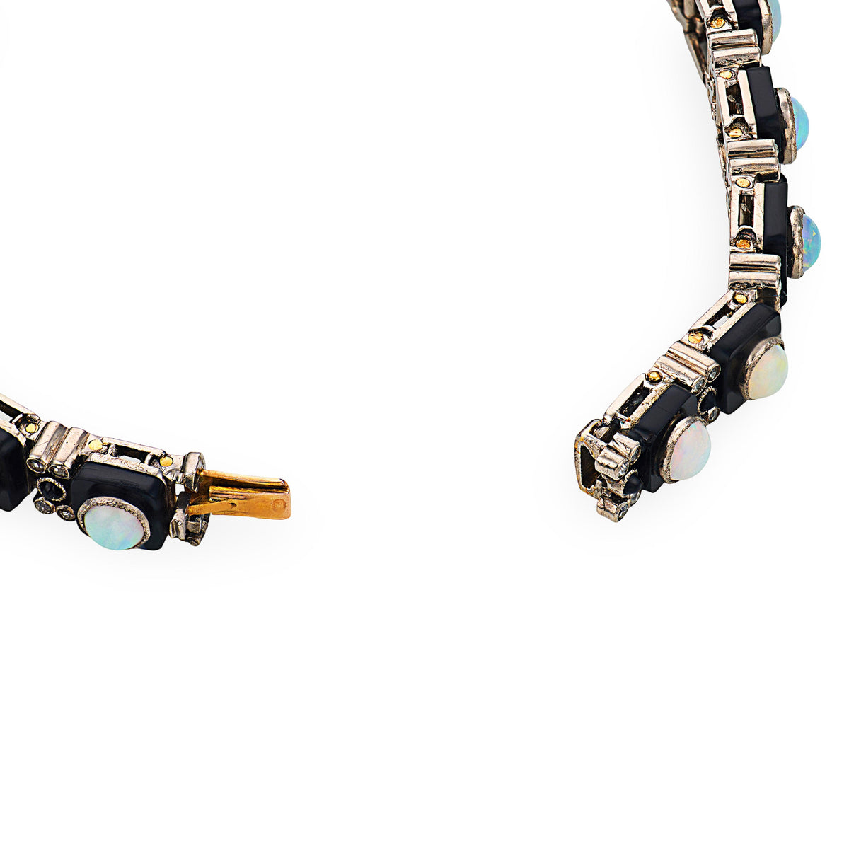 Edwardian French 18k/Platinum Opal, Onyx, & Diamond Line Bracelet