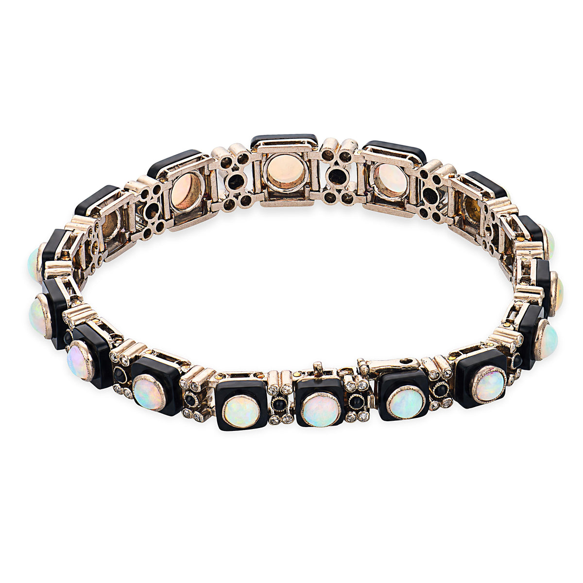 Edwardian French 18k/Platinum Opal, Onyx, & Diamond Line Bracelet