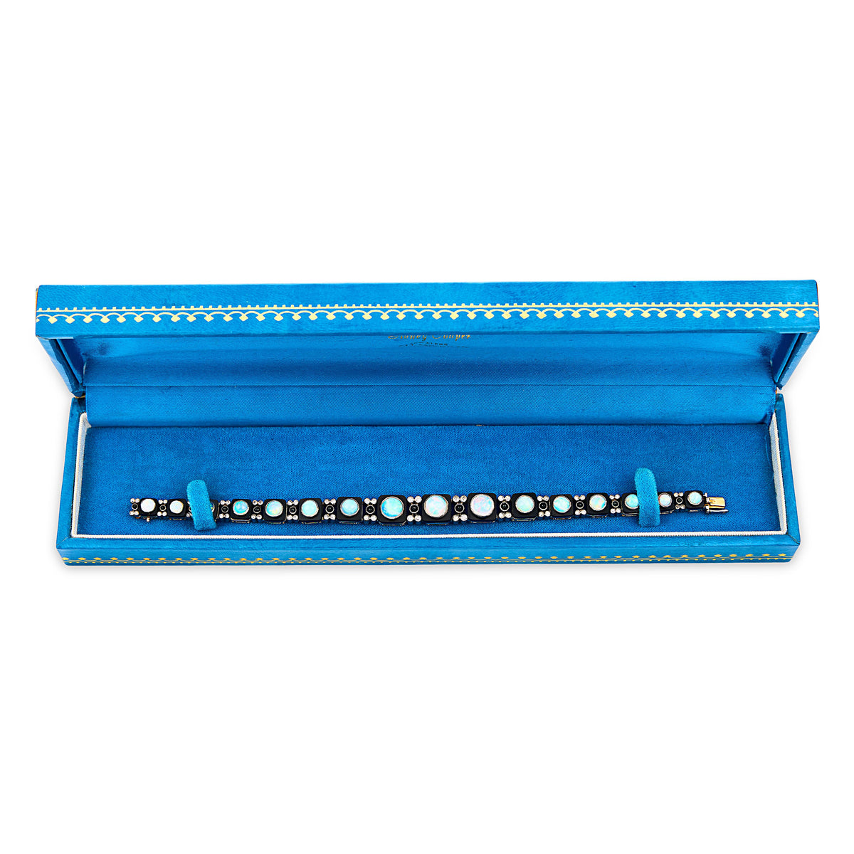 Edwardian French 18k/Platinum Opal, Onyx, & Diamond Line Bracelet