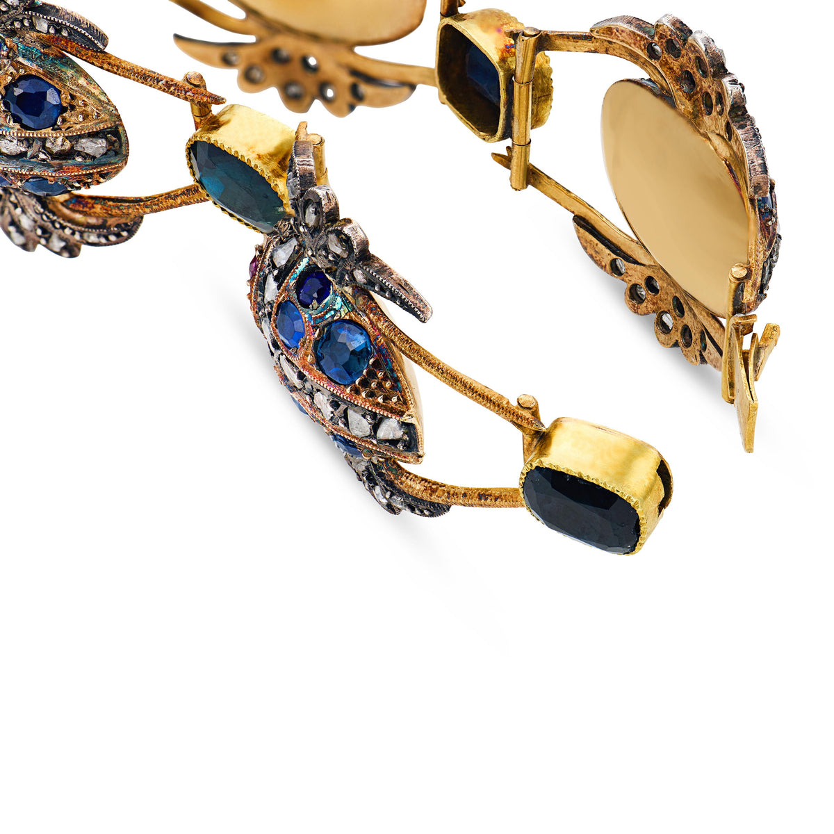 Victorian French 18k/Silver Sapphire, Diamond, & Ruby Scarab Link Bracelet