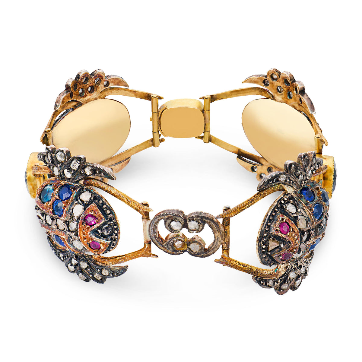 Victorian French 18k/Silver Sapphire, Diamond, & Ruby Scarab Link Bracelet