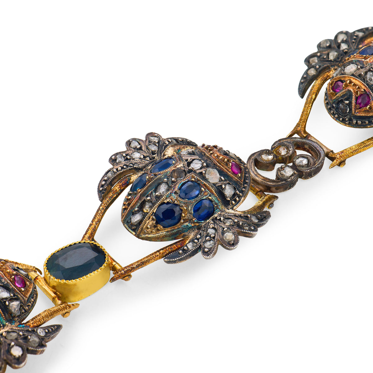 Victorian French 18k/Silver Sapphire, Diamond, & Ruby Scarab Link Bracelet