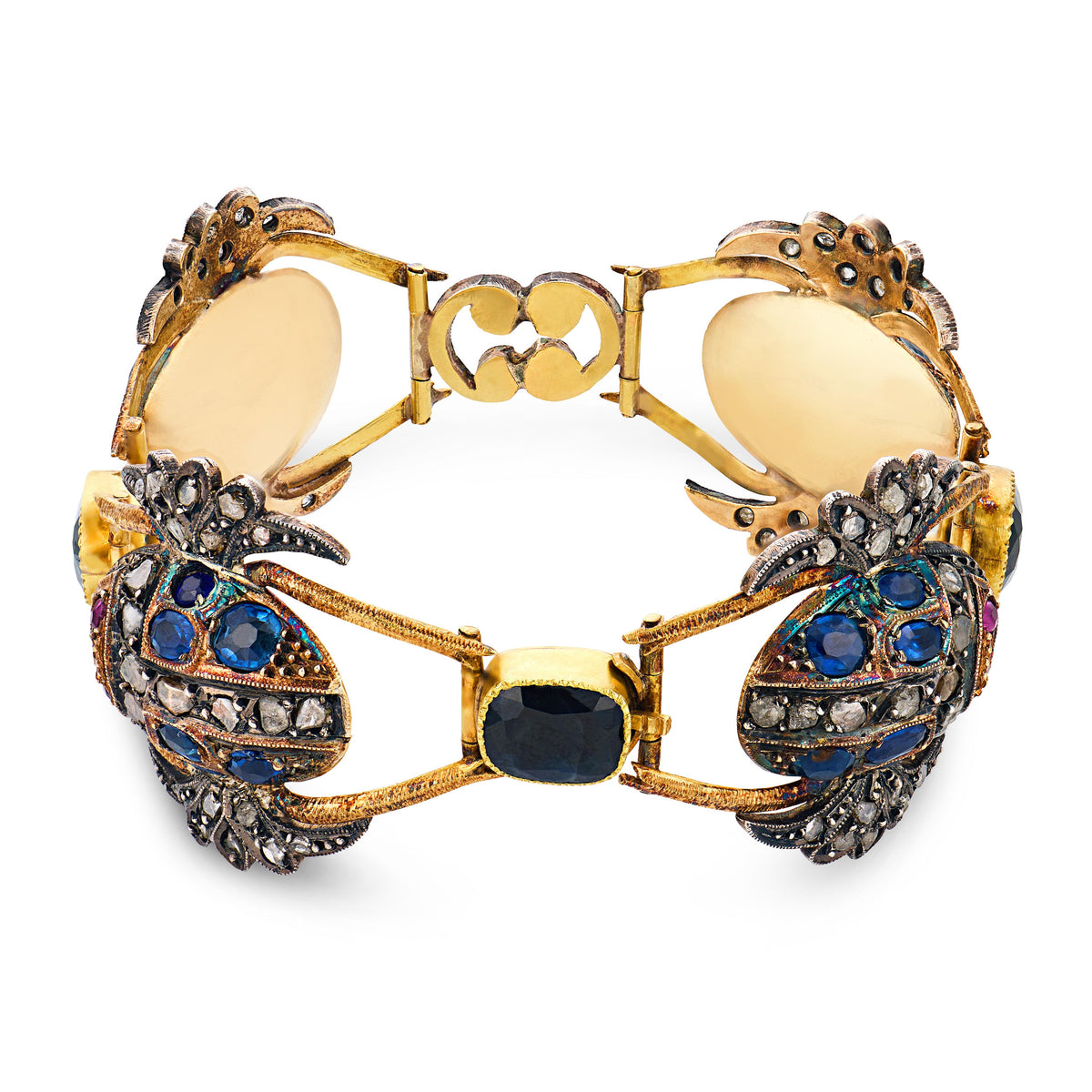 Victorian French 18k/Silver Sapphire, Diamond, & Ruby Scarab Link Bracelet