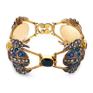 Victorian French 18k/Silver Sapphire, Diamond, & Ruby Scarab Link Bracelet