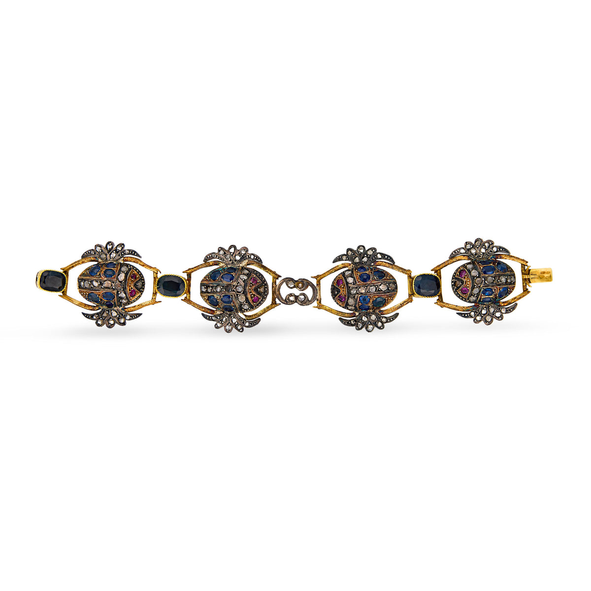 Victorian French 18k/Silver Sapphire, Diamond, & Ruby Scarab Link Bracelet