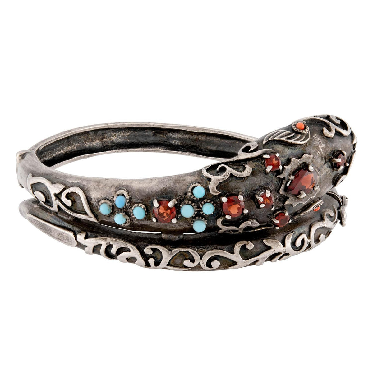 Victorian Sterling Silver Tourmaline, Turquoise, & Coral Snake Bracelet