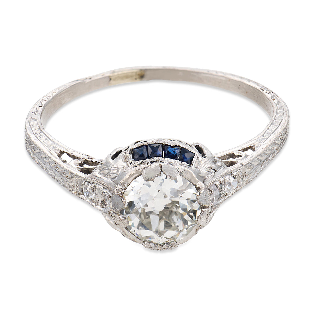 Art Deco Platinum Diamond & Sapphire Engagement Ring .70ct