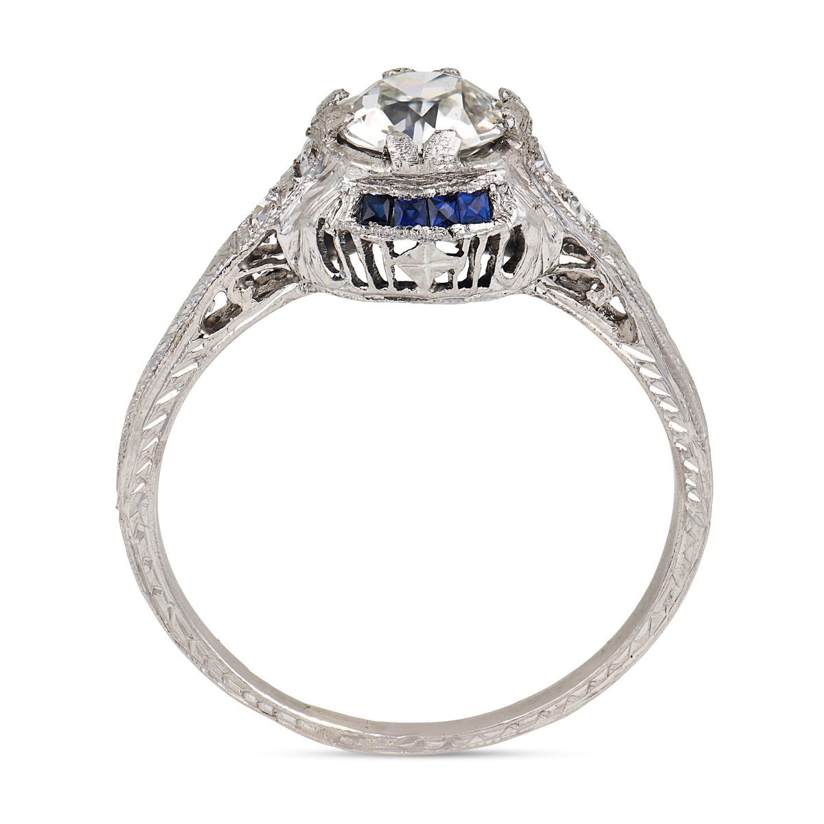 Art Deco Platinum Diamond & Sapphire Engagement Ring .70ct