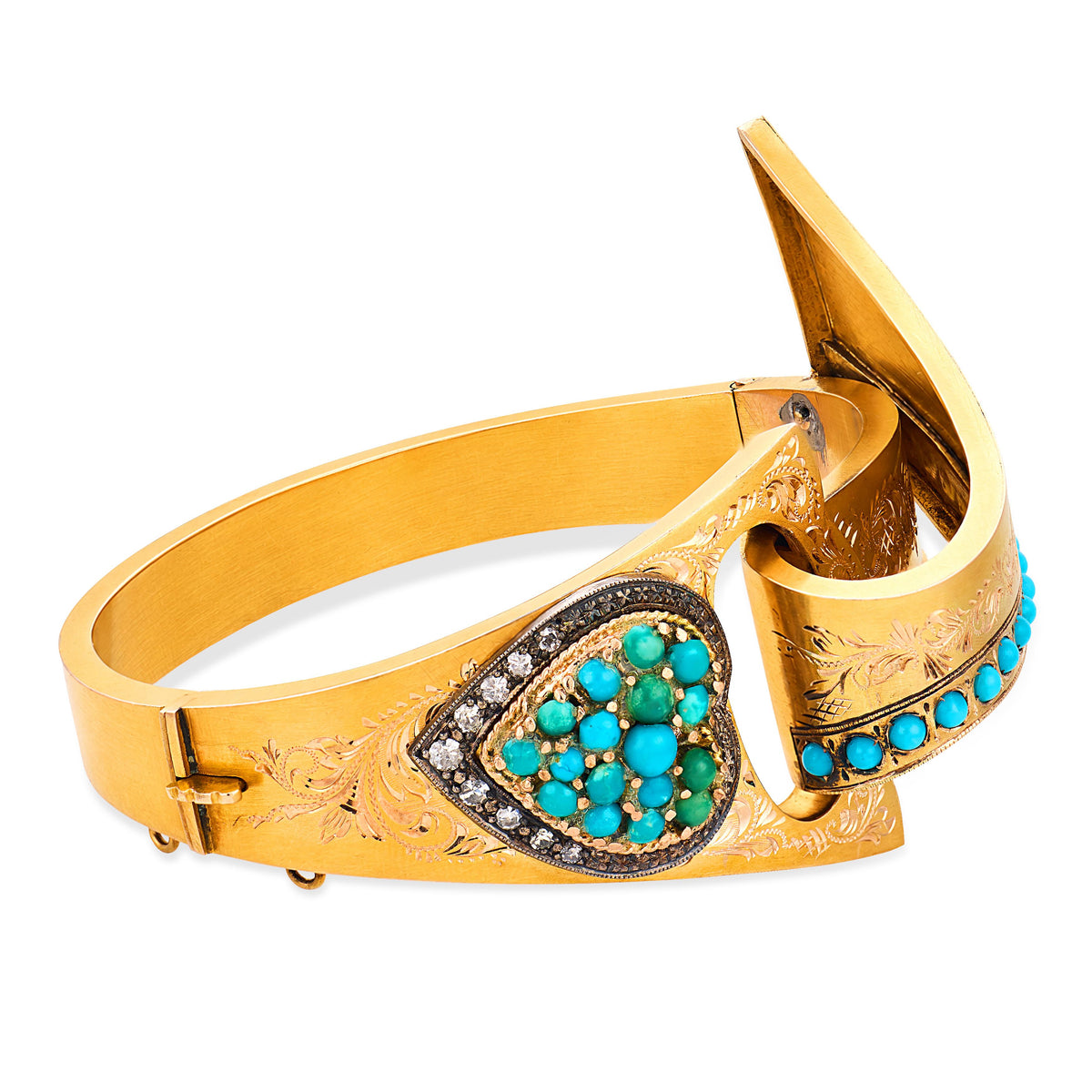 Victorian 14k Turquoise & Diamond Heart-Motif Ribbon Bangle