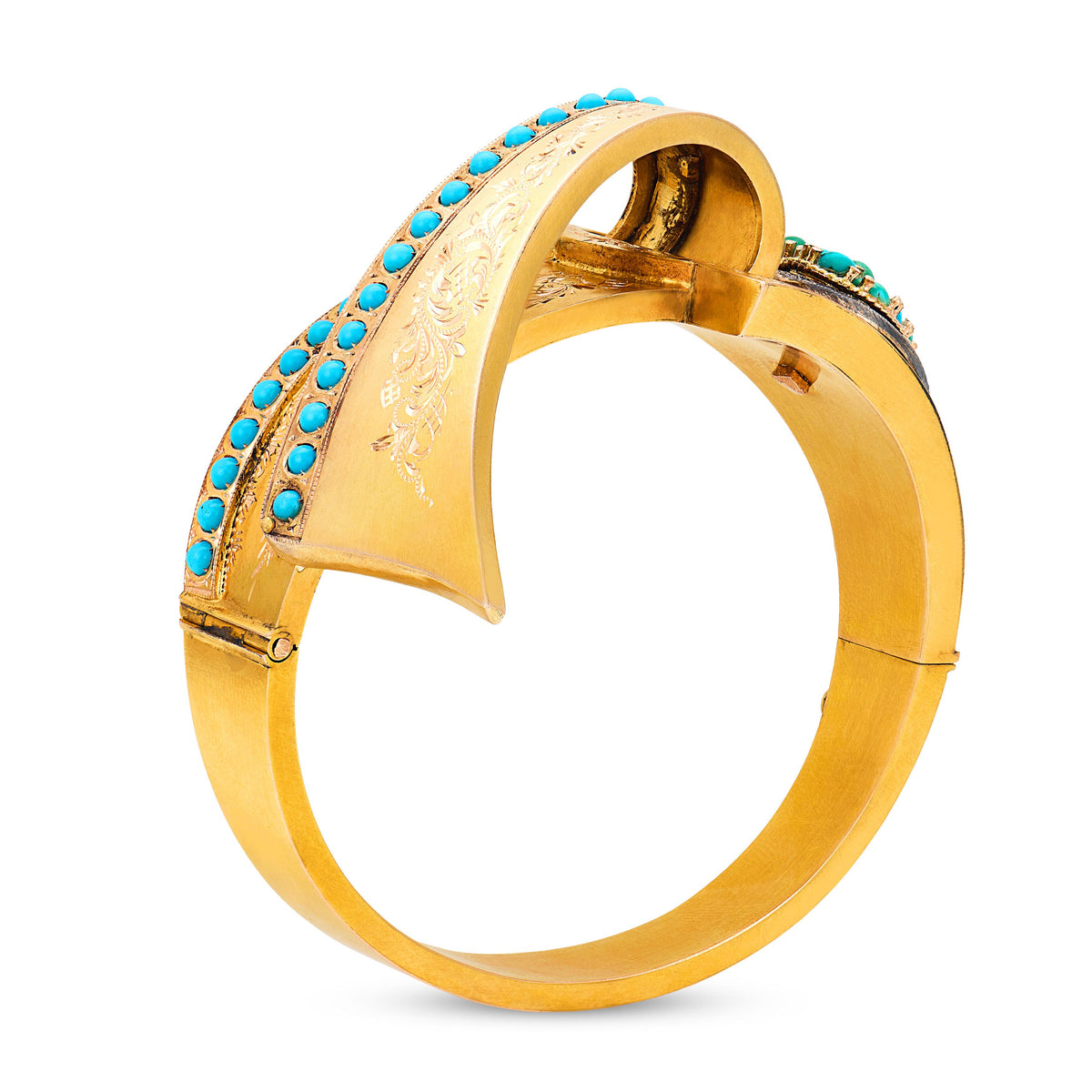 Victorian 14k Turquoise & Diamond Heart-Motif Ribbon Bangle