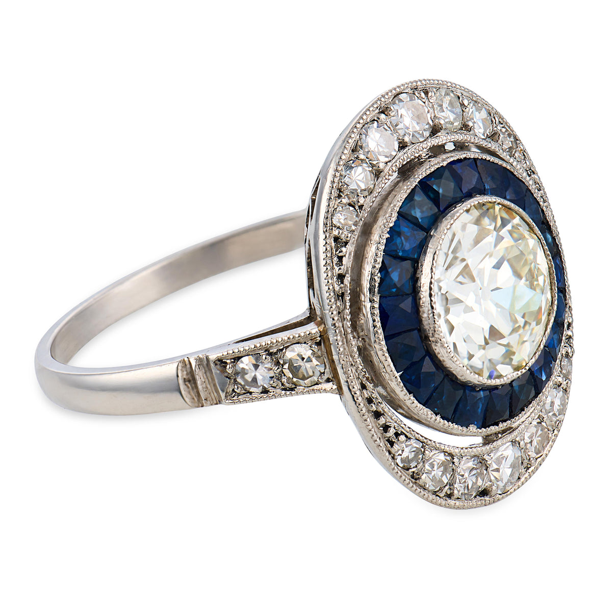 Art Deco Platinum Diamond & Sapphire Engagement Ring 1.65ct