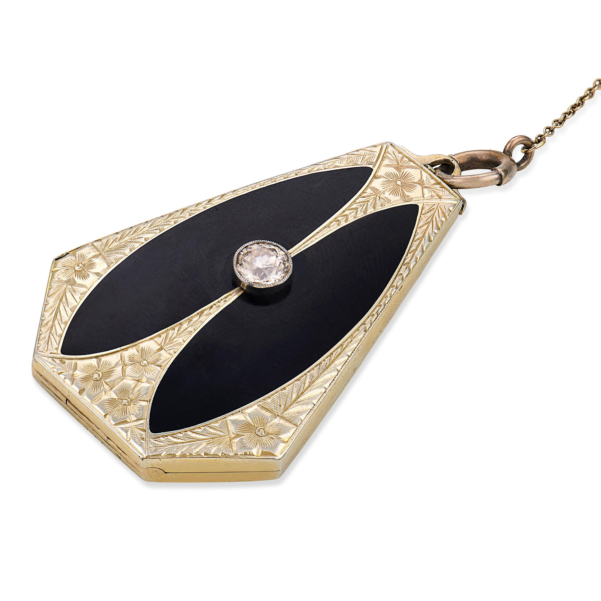 Art Deco 14k Diamond & Onyx Locket Pendant Necklace