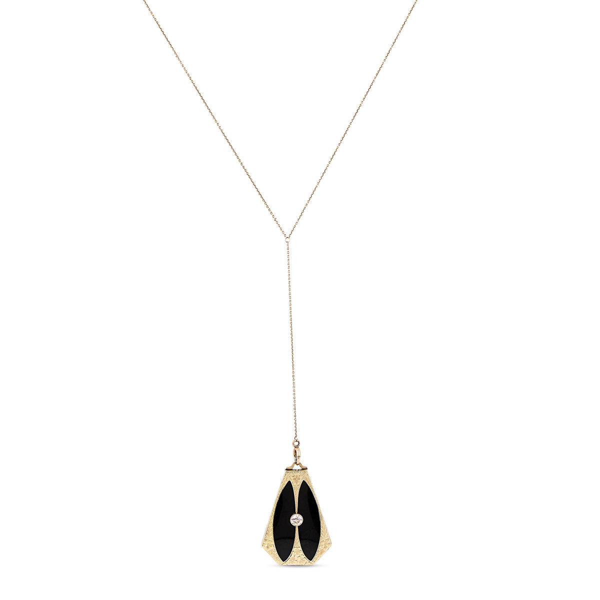 Art Deco 14k Diamond & Onyx Locket Pendant Necklace