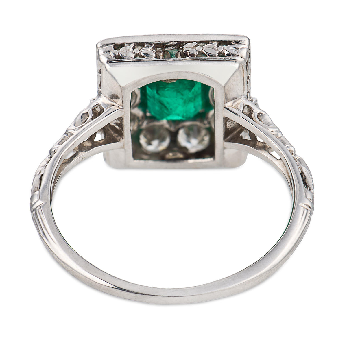 Edwardian Platinum Emerald & Diamond Halo Ring