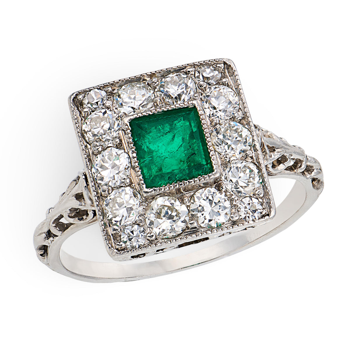 Edwardian Platinum Emerald & Diamond Halo Ring