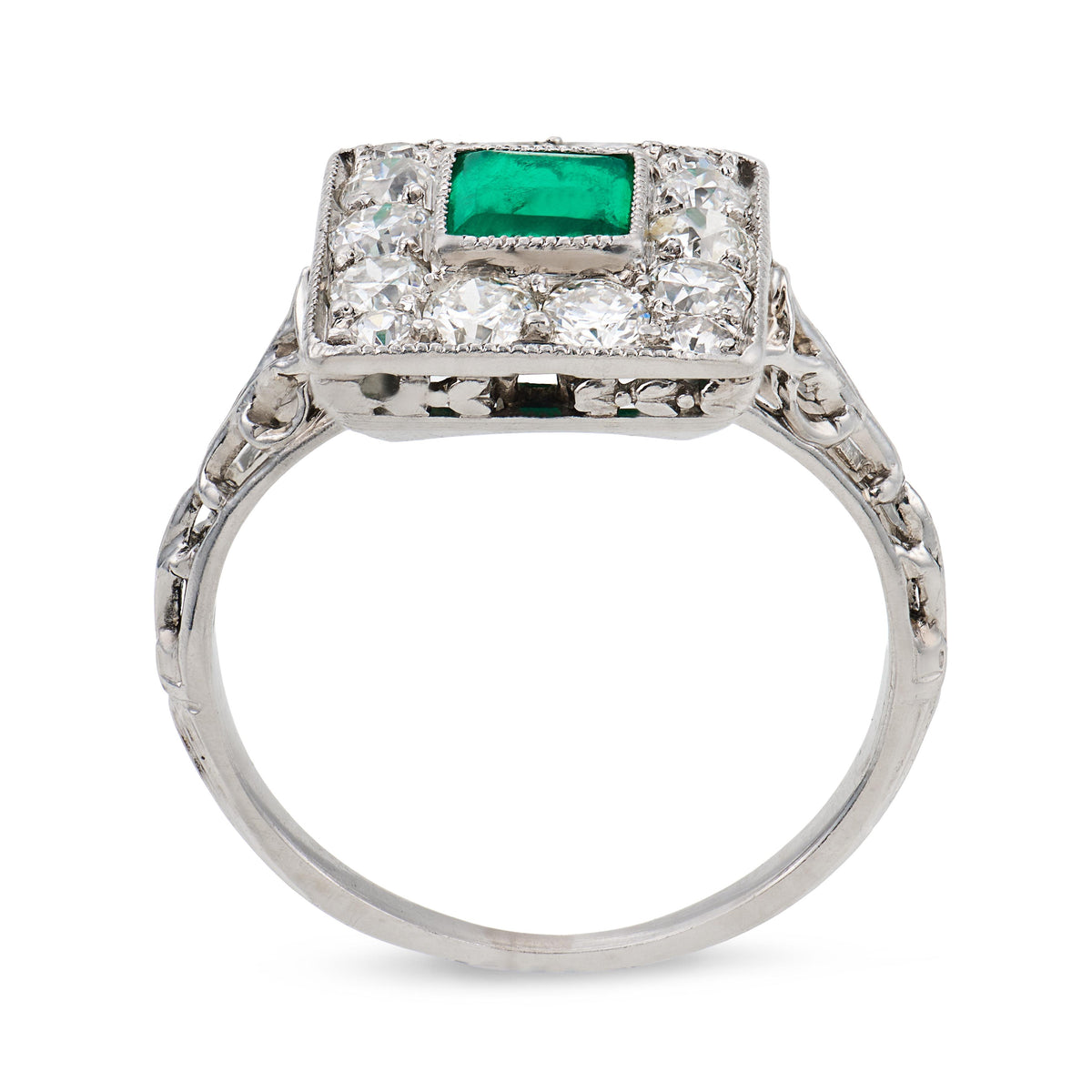 Edwardian Platinum Emerald & Diamond Halo Ring