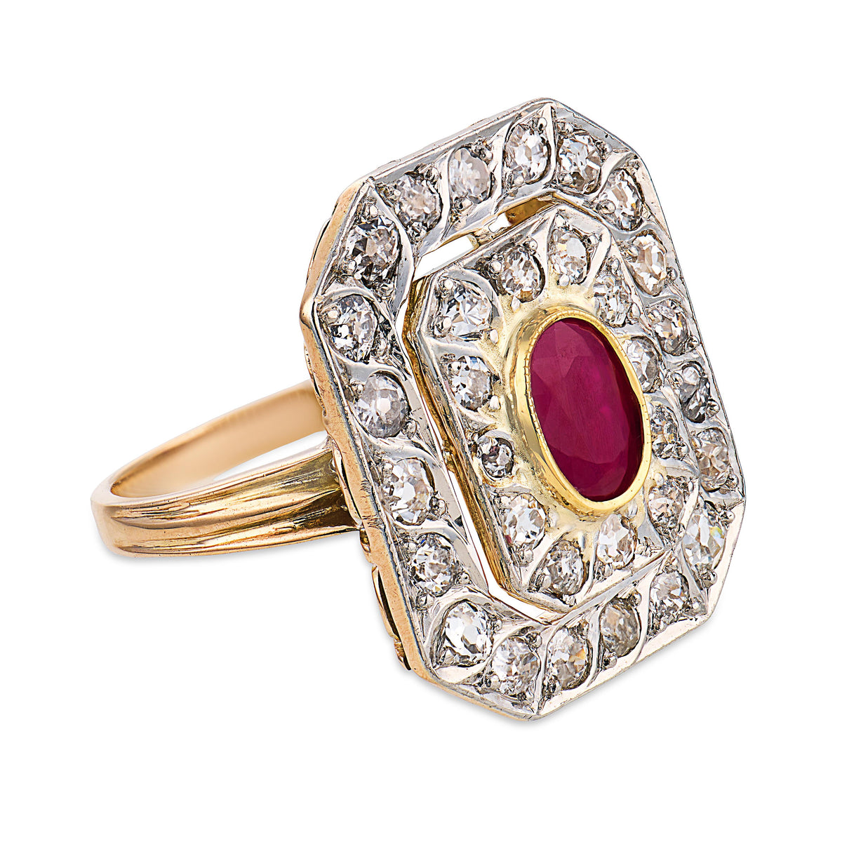 Edwardian 18k/Platinum Ruby & Diamond Halo Ring