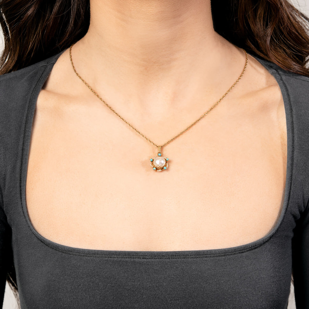 Art Nouveau 14k Pearl & Turquoise Sunburst-Motif Pendant/Charm